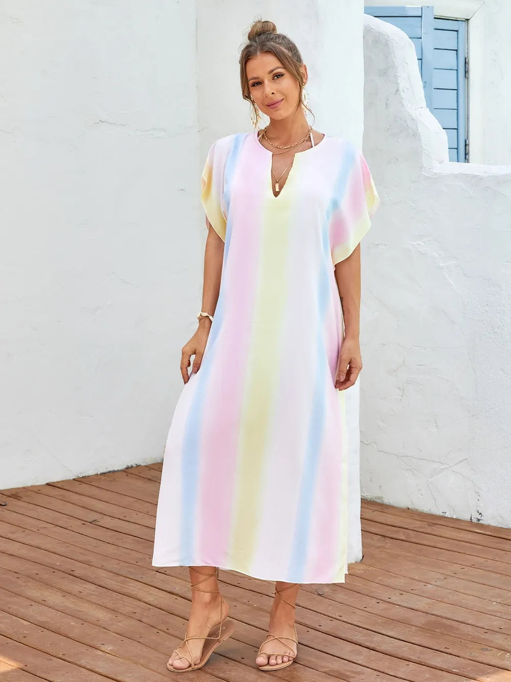 Slit Striped Notched Short Sleeve Cover Up - Ladyez
