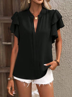 Ruffle Sleeve Notched Blouse - Ladyez