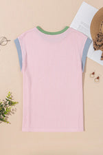 Contrast Trim Round Neck Cap Sleeve Top