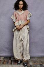 POL Floral V-Neck Short Sleeve Ruffled Double Gauze Blouse with Embroidery Detail