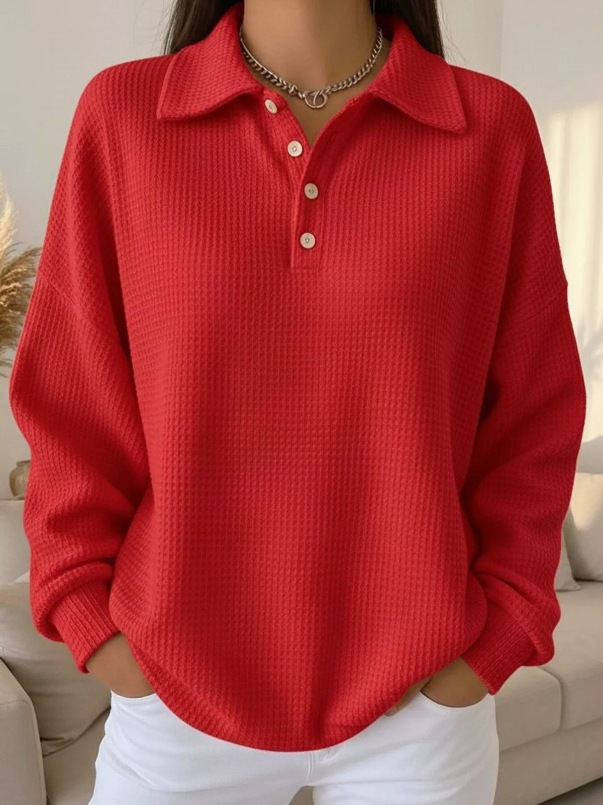 Full Size Waffle Knit Button Detail Top Plus Size