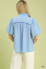 Umgee Puff Sleeve Eyelet Mix Top with Contrast Piping