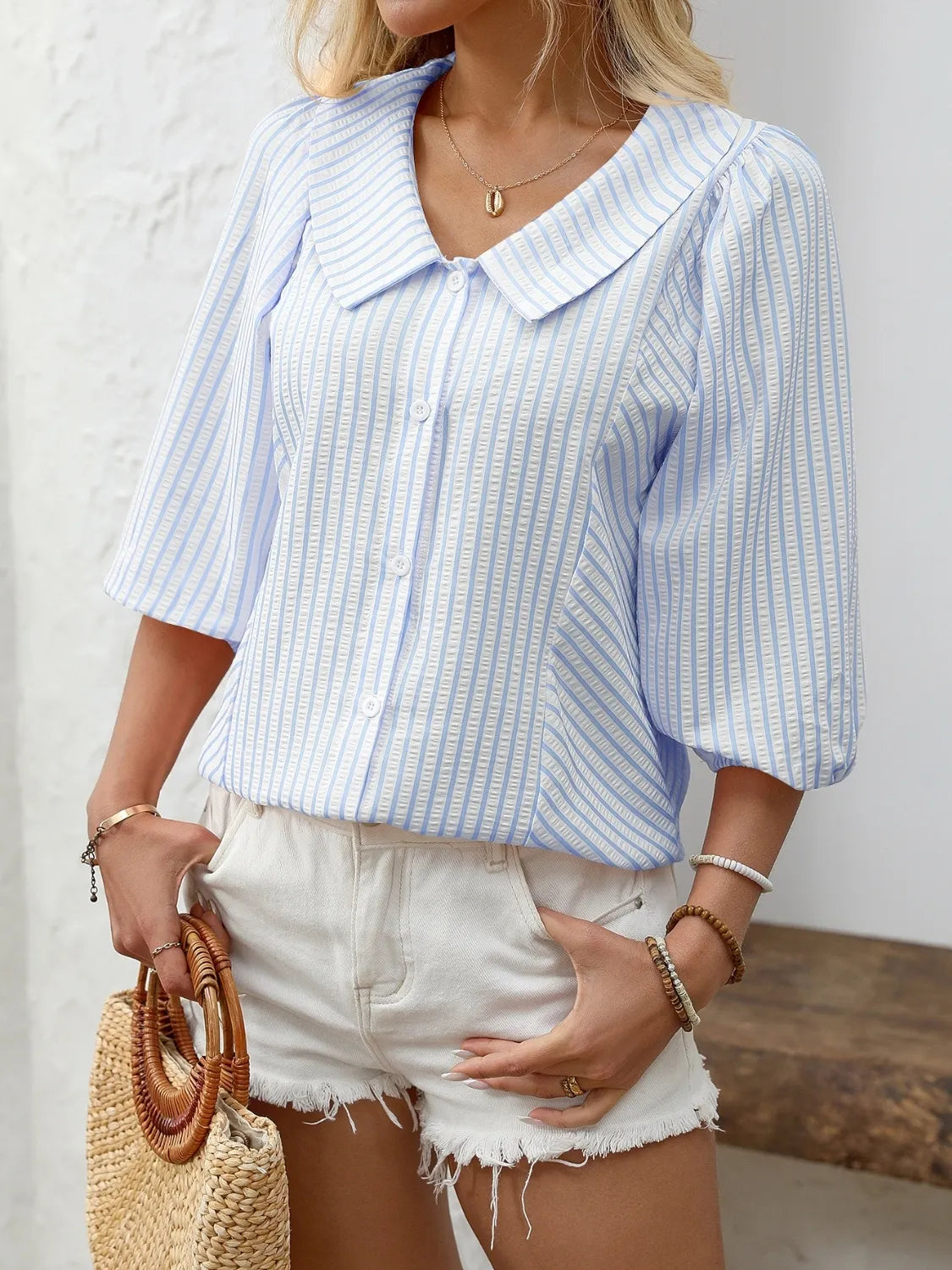 Striped Button Down 3/4 Sleeve Shirt