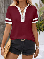 Striped Short Sleeve Half Zip Top - Ladyez
