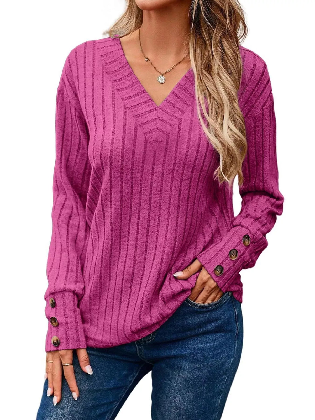 Ribbed V-Neck Long Sleeve Top