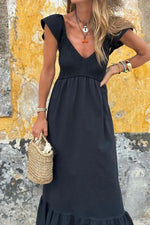 V Neck Ruffled Cap Sleeve Smocked Maxi Dress - Ladyez