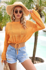 Angel Wings Drawstring Hem Round Neck Cropped Cover Up - Ladyez