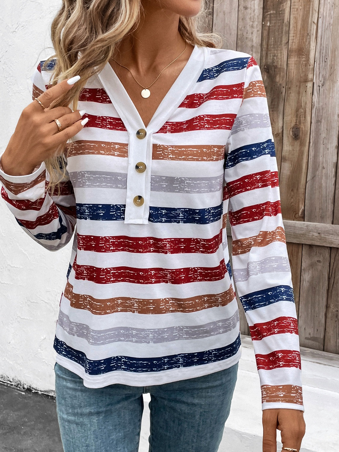 Contrast Striped V-Neck Long Sleeve T-Shirt - Ladyez