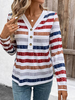 Contrast Striped V-Neck Long Sleeve T-Shirt - Ladyez