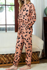 Leopard Round Neck Top and Drawstring Pants Lounge Set - Ladyez