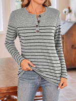 Lovelet Quarter Button Striped Round Neck Long Sleeve T-Shirt - Ladyez