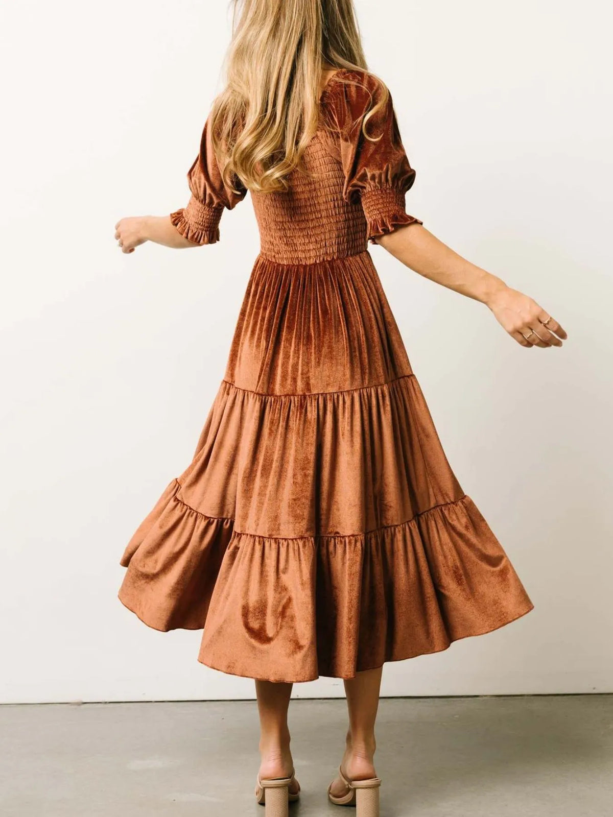 Smocked Half Sleeve Tiered Midi Dress - Ladyez