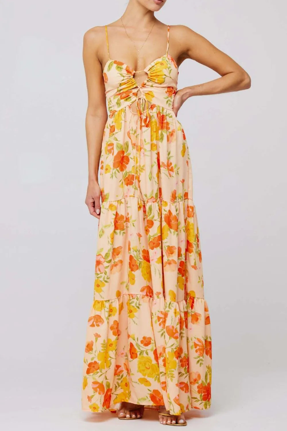 Floral Print Tie Front Tiered Maxi Dress - Ladyez