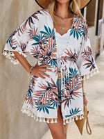 Tassel Tied Printed Half Sleeve Cover Up - Ladyez
