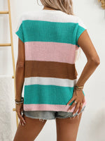 Striped Notched Short Sleeve Sweater