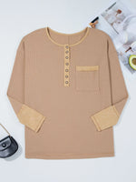 Waffle Textured Tunic Henley Top with Slits