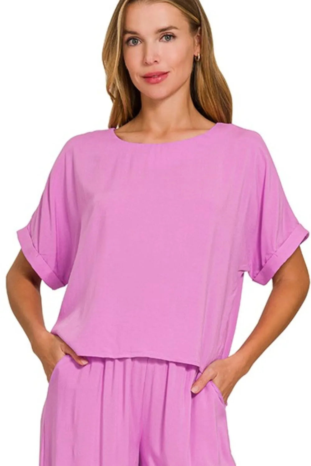 Zenana Round Neck T-Shirt and Wide Leg Pants Set - Ladyez
