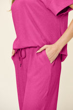Double Take Full Size Texture Round Neck Short Sleeve T-Shirt and Wide Leg Pants - Ladyez