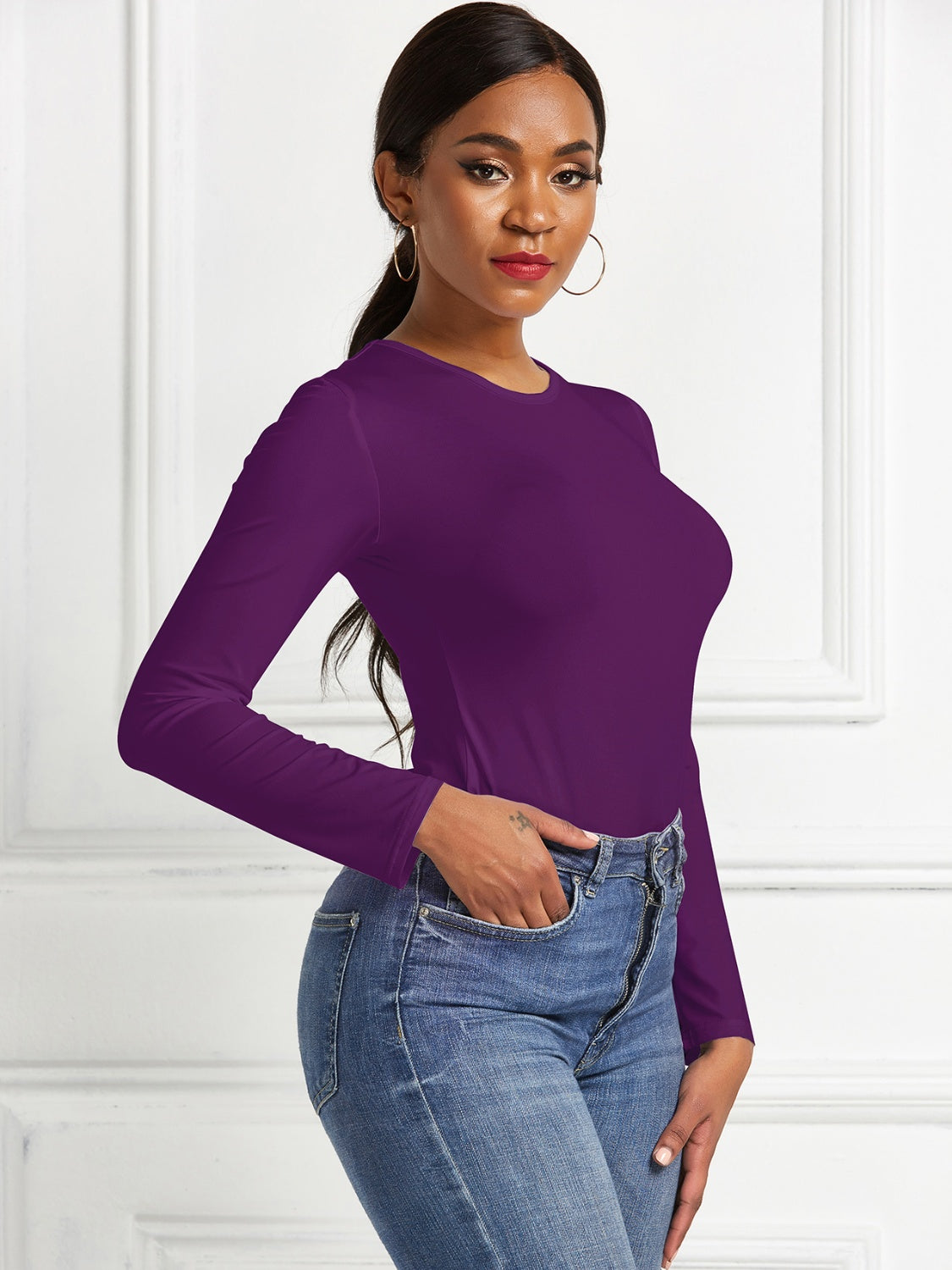 Round Neck Long Sleeve Bodysuit - Ladyez