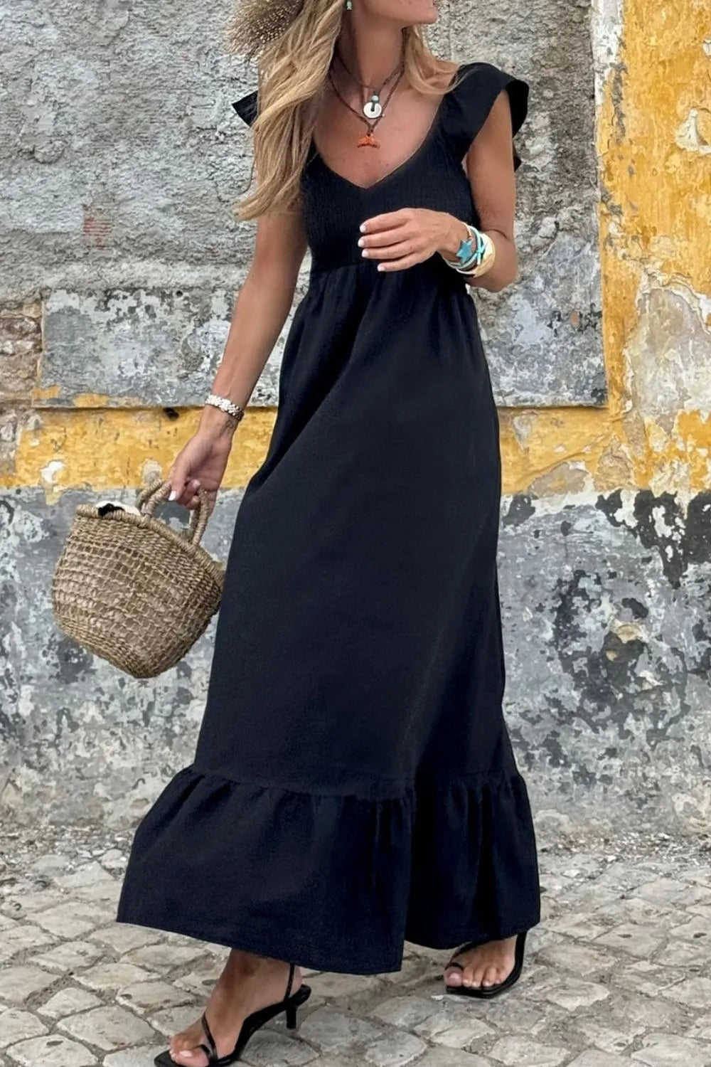 V Neck Ruffled Cap Sleeve Smocked Maxi Dress - Ladyez