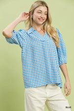 Umgee Gingham Puff Sleeve Collared Blouse