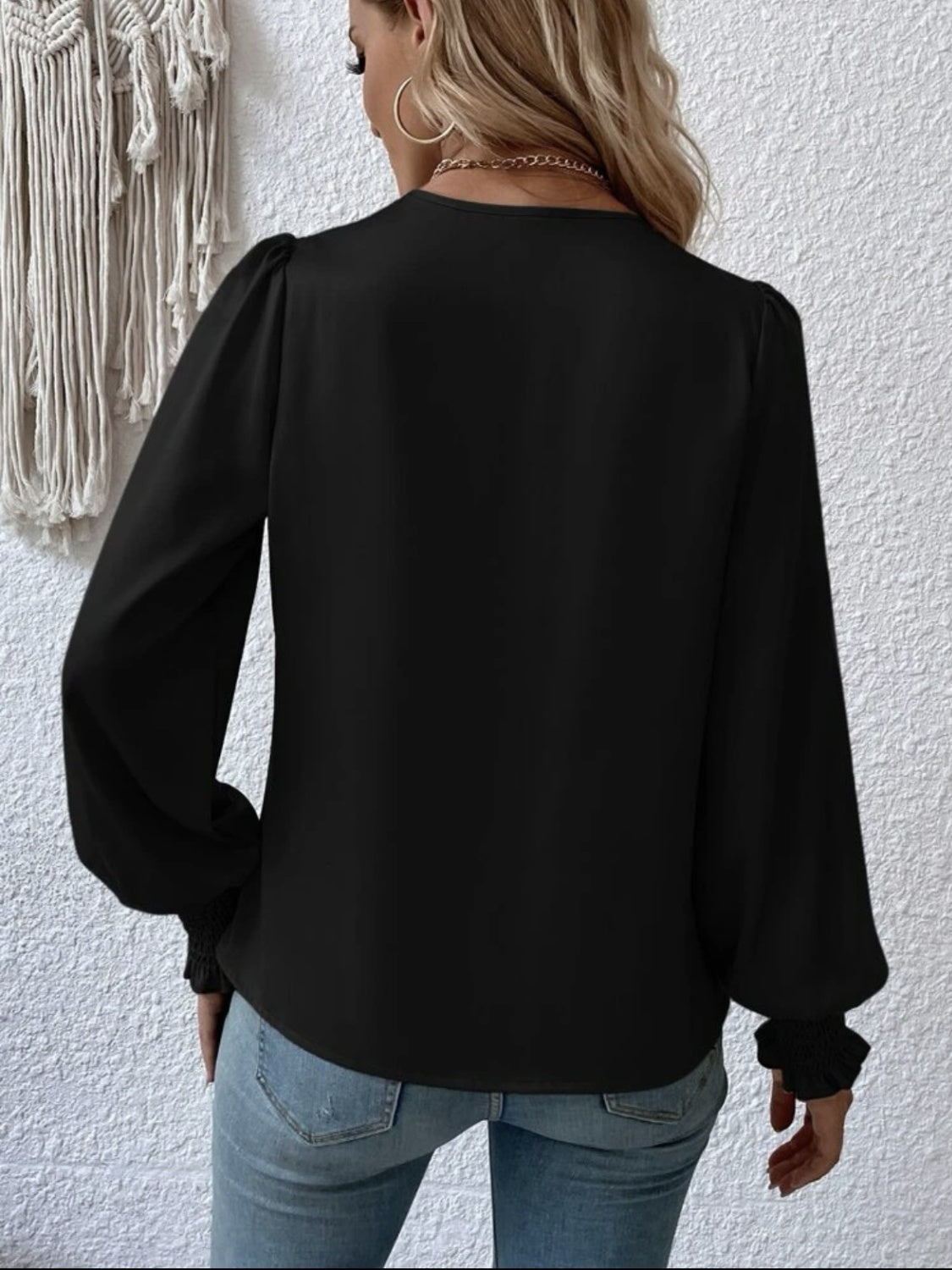 Surplice Smocked Lantern Sleeve Blouse - Ladyez