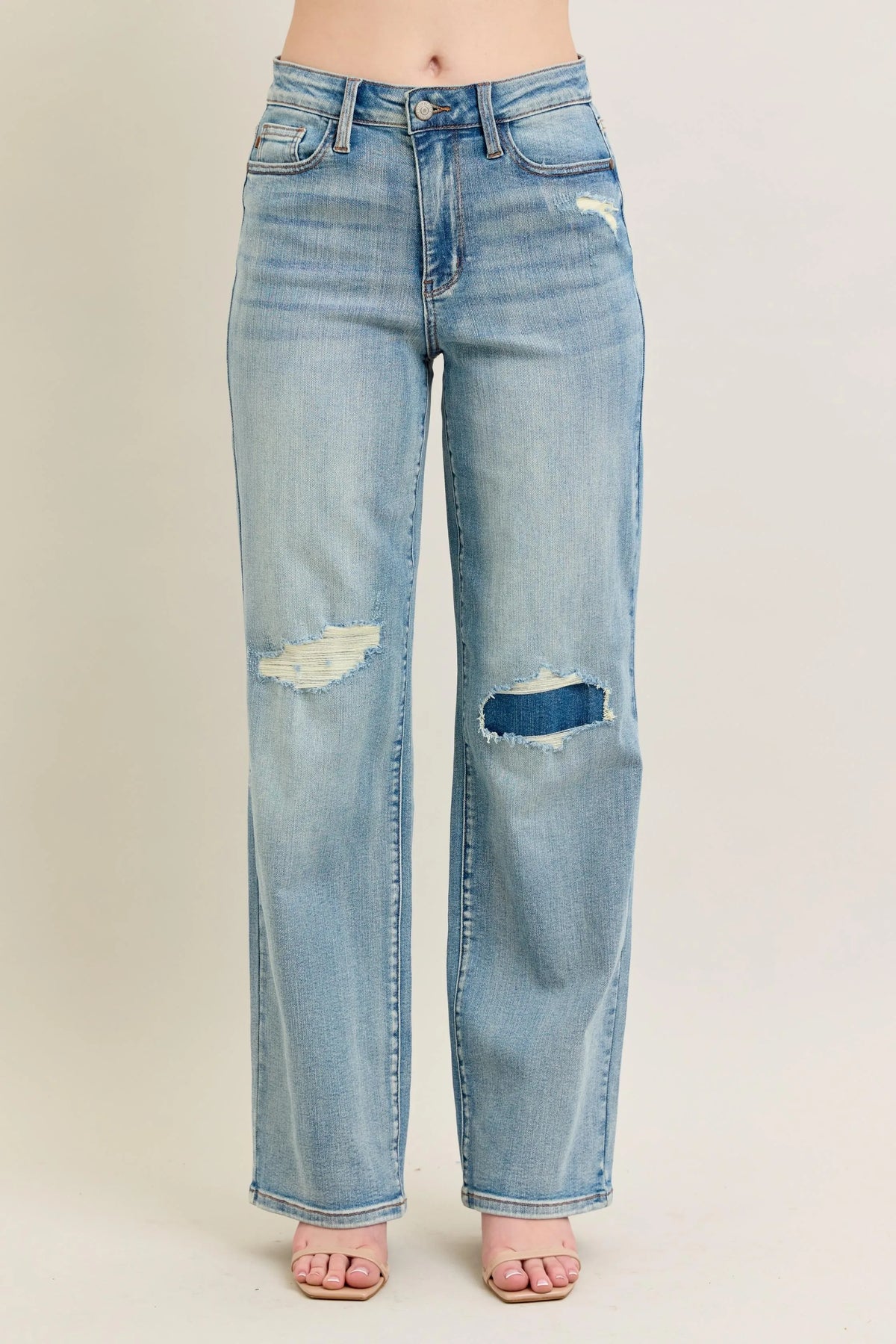 Judy Blue Full Size Hw Destroy & Knee Patch Straight Jeans Plus Size - Ladyez