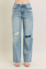 Judy Blue Full Size Hw Destroy & Knee Patch Straight Jeans Plus Size - Ladyez