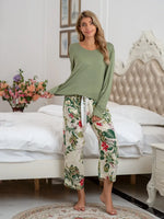 Round Neck Top and Printed Pants Lounge Set - Ladyez