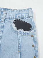 Studded Side Slit Leg Frayed Pocketed Wide Leg Jeans