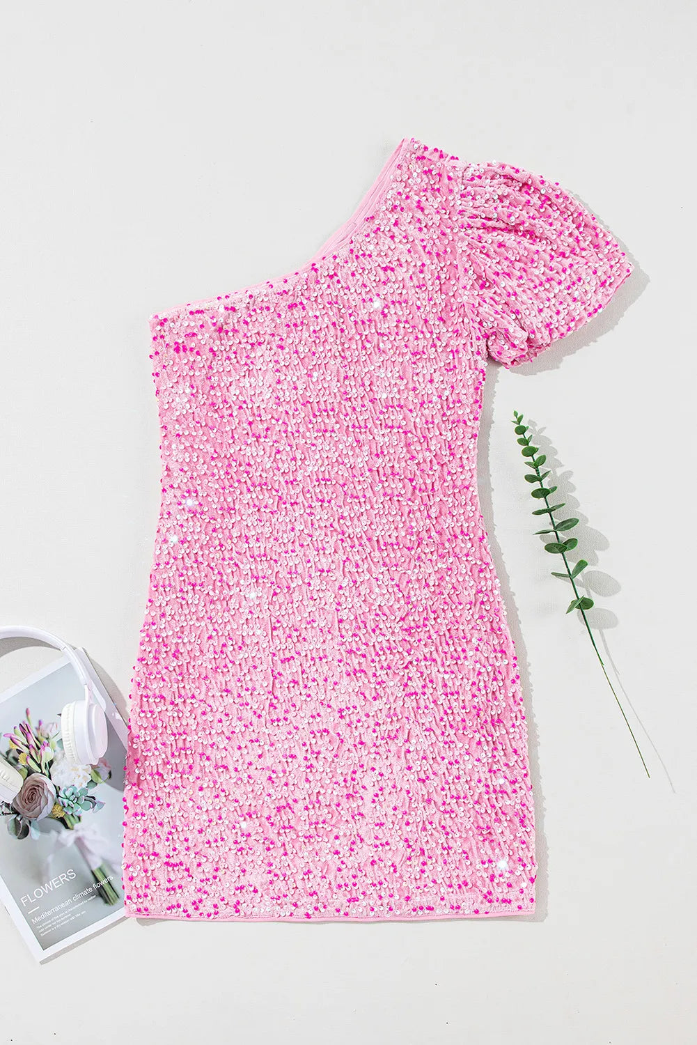 Sequin Single Shoulder Short Sleeve Mini Dress - Ladyez