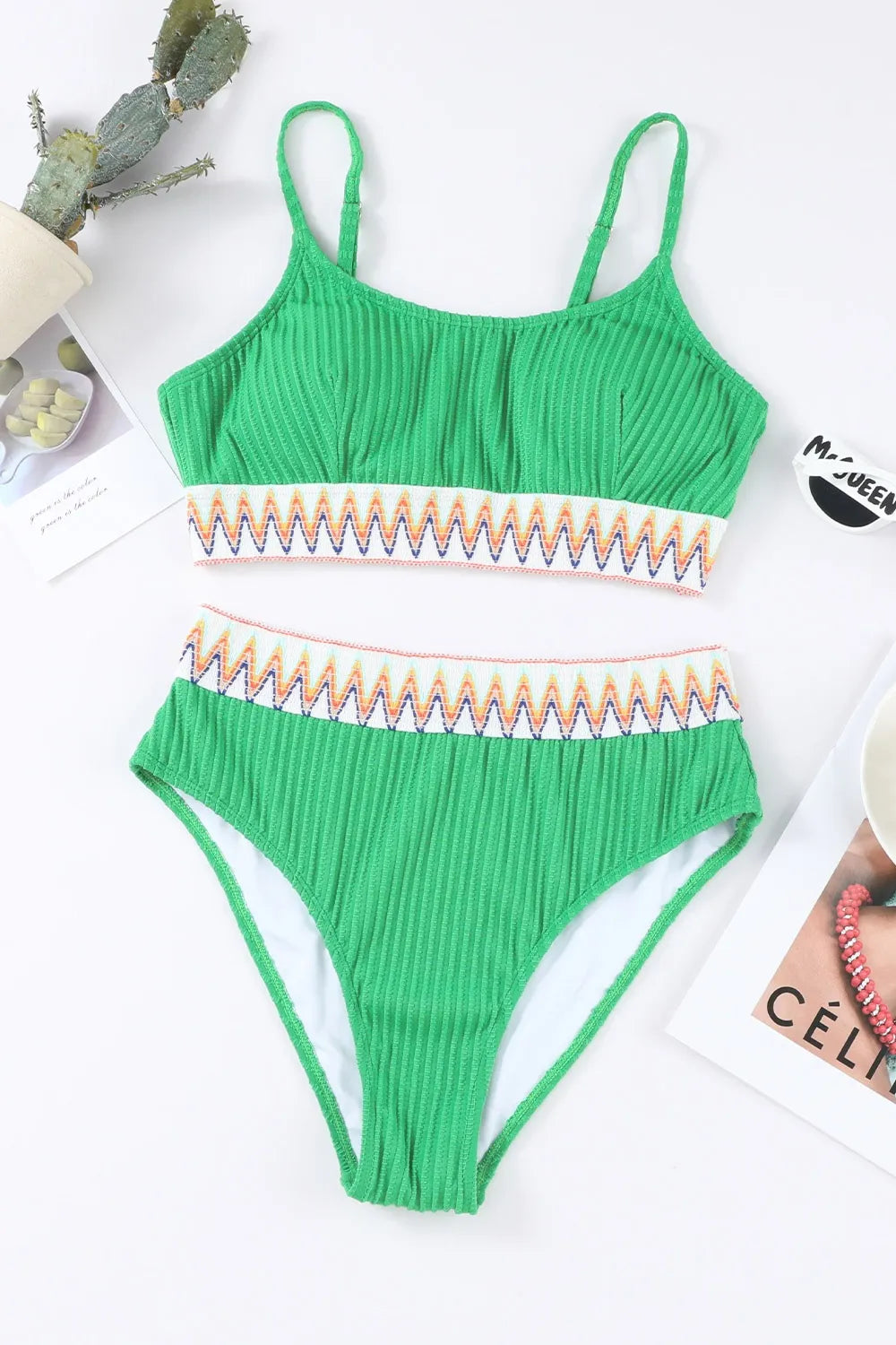 Textured Contrast Banding Bikini High Waist 2pcs Swimsuit - Ladyez