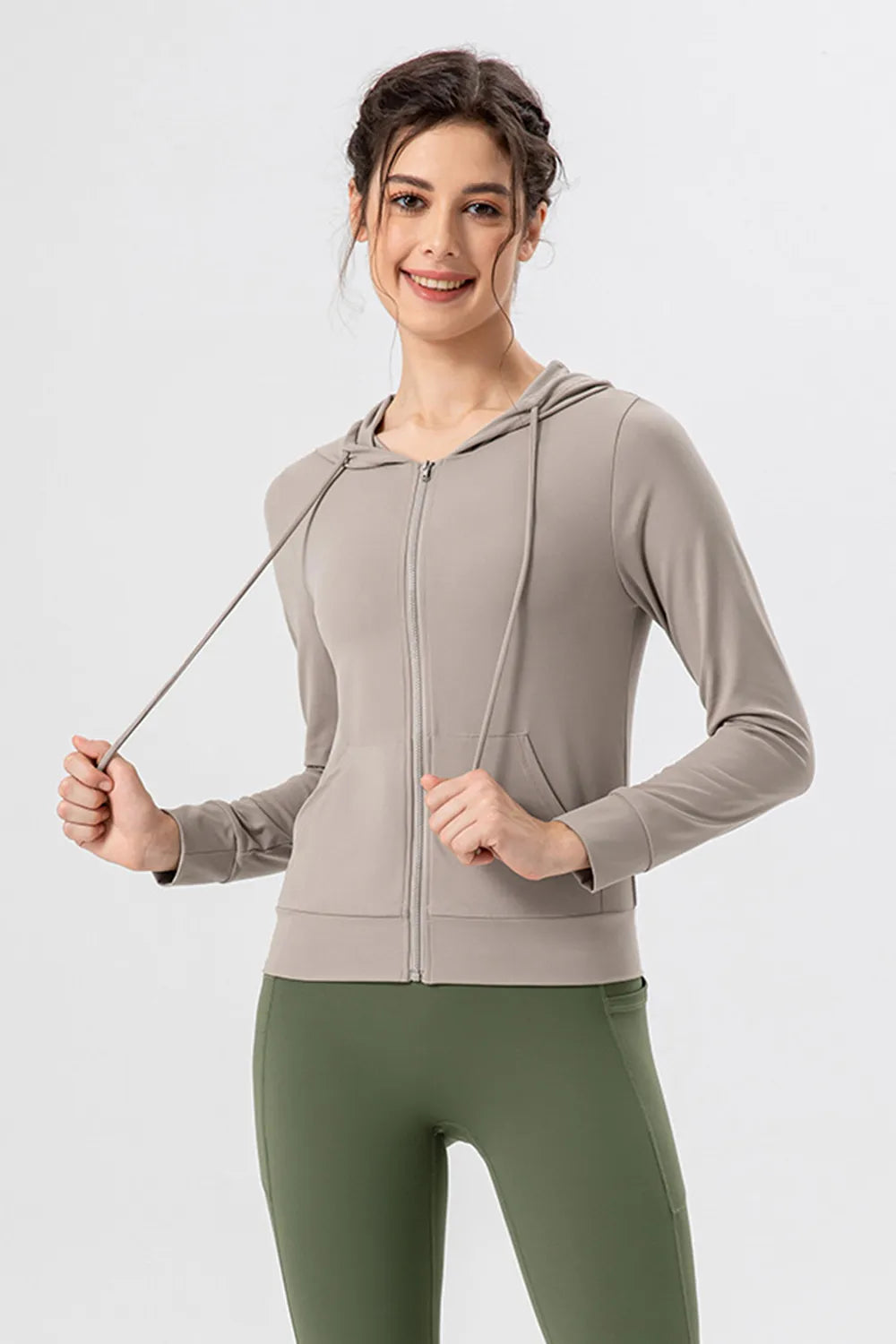 Drawstring Zip Up Hooded Active Outerwear - Ladyez
