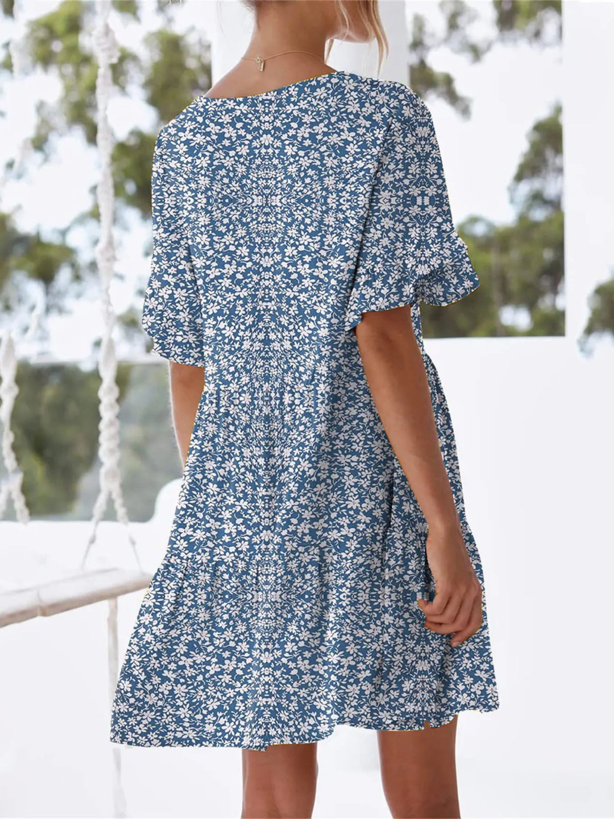 Polka Dot V-Neck Short Sleeve Mini Dress - Ladyez