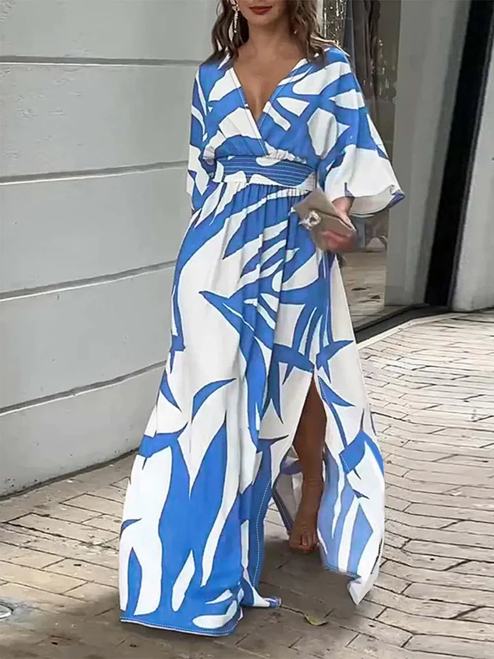 Slit Printed Surplice Maxi Dress - Ladyez