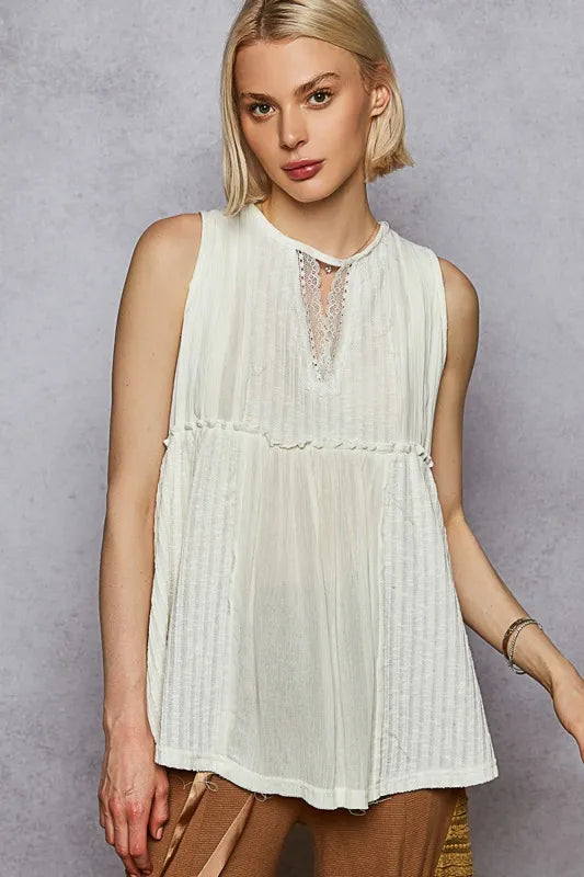 POL Lace Trim Round Neck Tank with Pintuck Detail - Ladyez