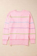 Contrast Striped Half Button Round Neck Sweater