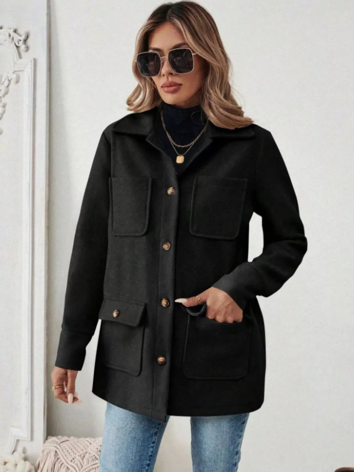 Button-Front Pocketed Long Sleeve Outerwear