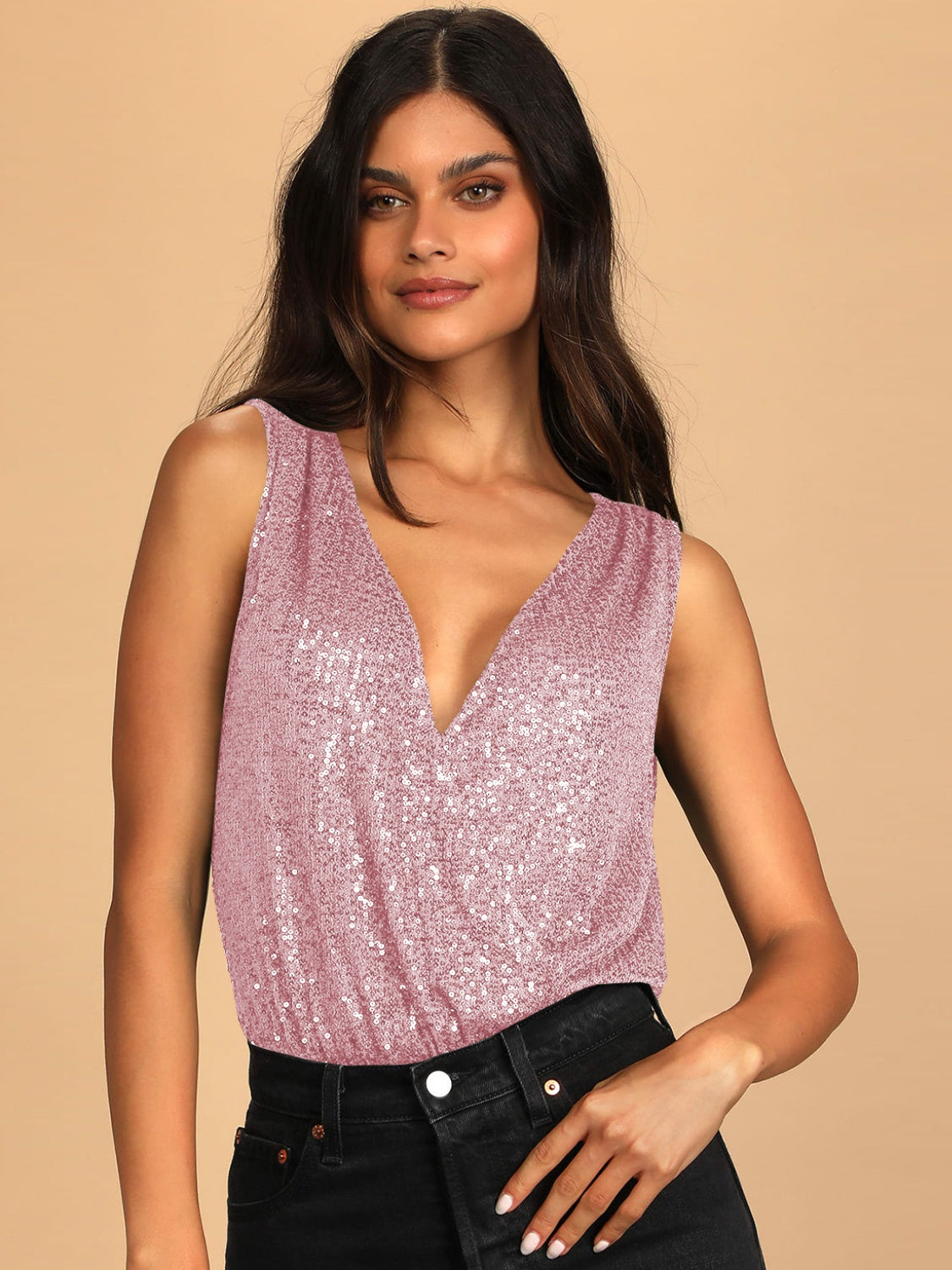 Sequin Surplice Sleeveless Bodysuit - Ladyez
