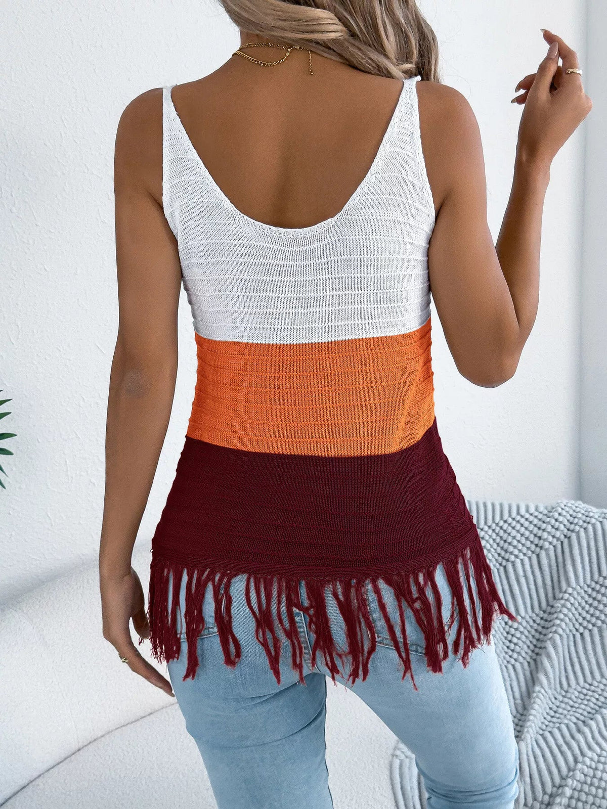 Color Block Fringe Hem Knit Cami