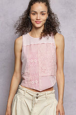 POL Ribbed Round Neck Cropped Tank with Lace Detail