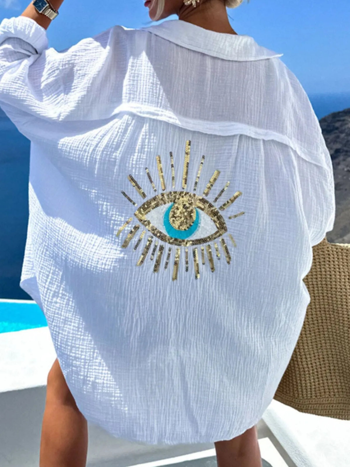 Evil Eye Embroidered Oversized Shirt - Ladyez