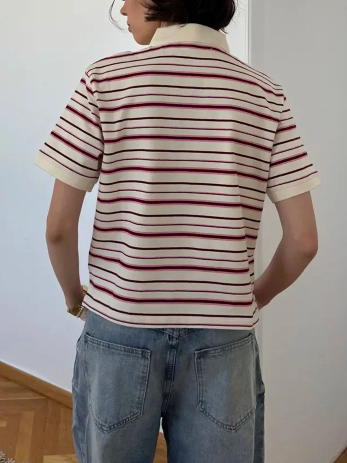 Striped Polo T-Shirt with Contrast Collar - Ladyez