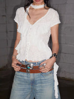 Ruffle Trimmed V-Neck Short Sleeve Lace Top