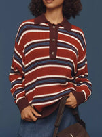 Striped Button Detail Polo Collar Sweater