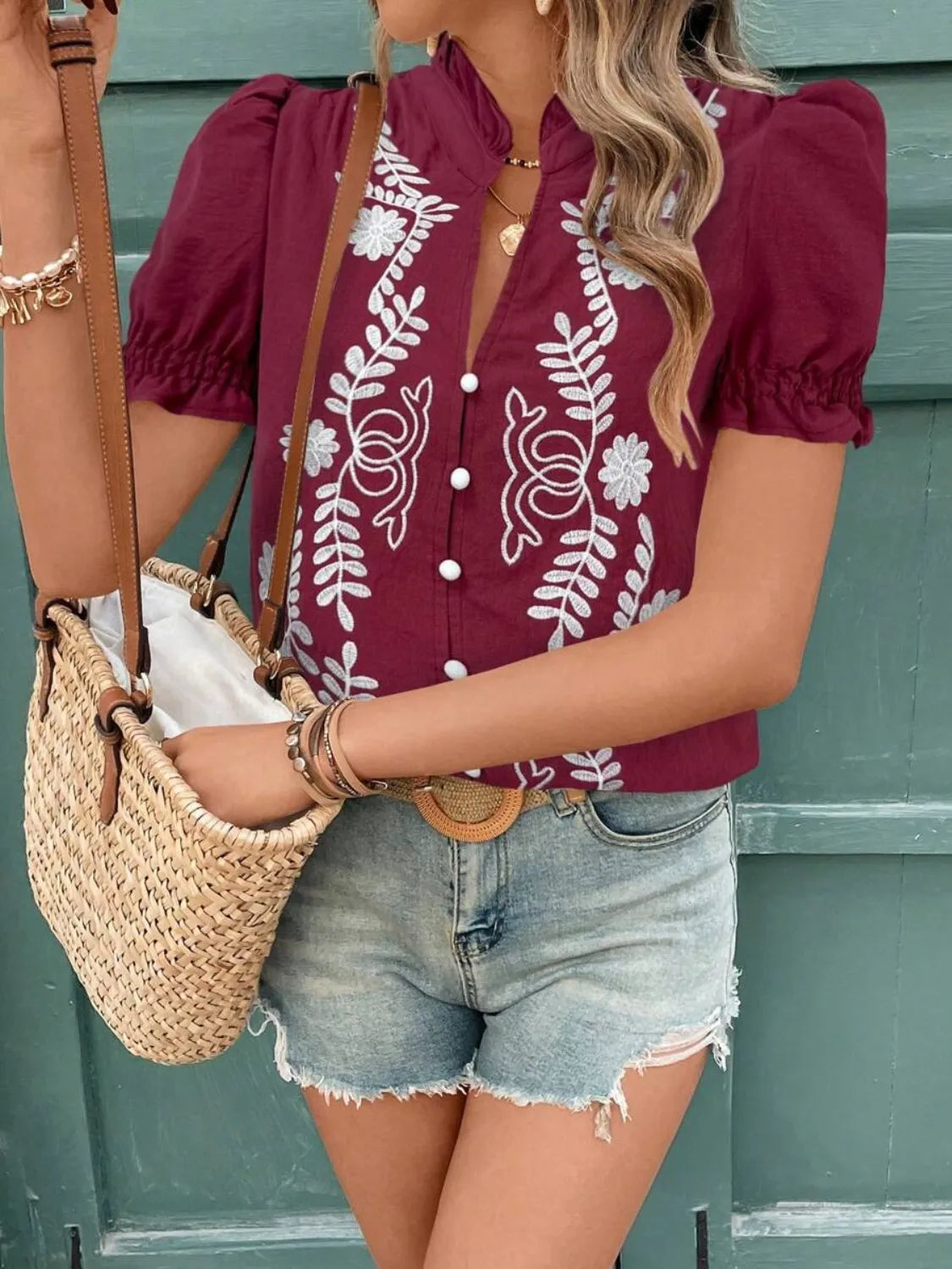 Embroidered Frill Notched Short Sleeve Blouse - Ladyez