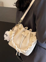 Chunky Chain Trim Drawstring Bucket Crossbody Bag