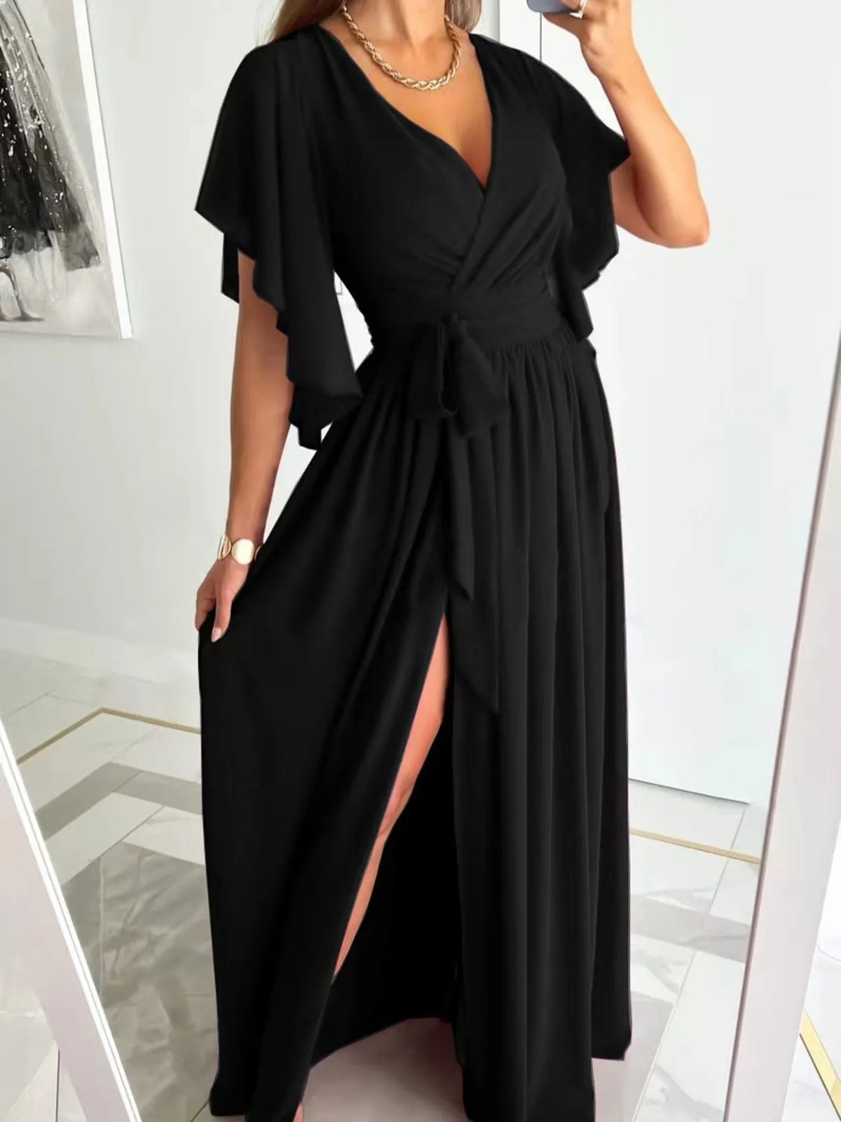 Flutter Sleeve Surplice Tie Waist Dress - Ladyez