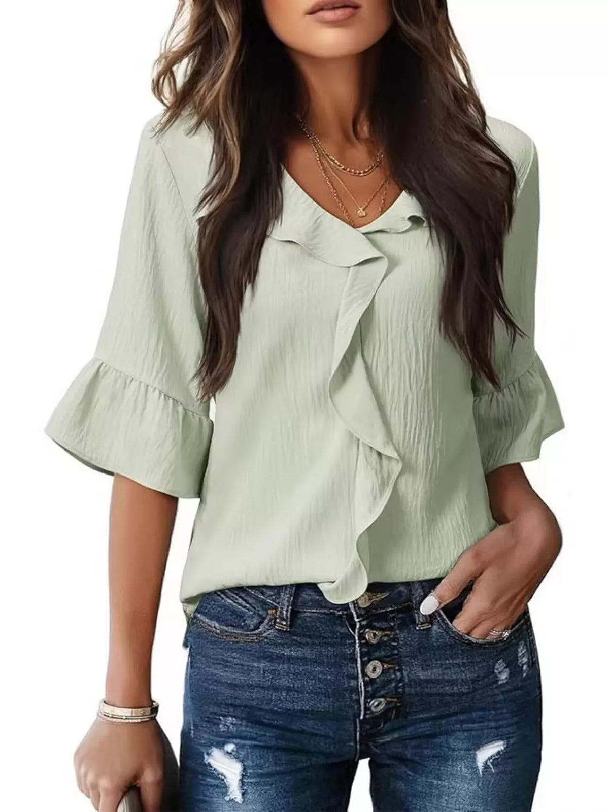 Ruffled V-Neck Bell Sleeve Blouse
