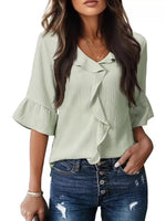 Ruffled V-Neck Bell Sleeve Blouse